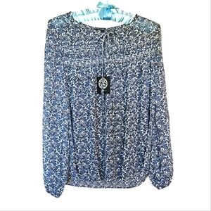 Bobeau Women's Collarless Keyhole Balloon Sleeve Chiffon Floral Print‎ Blouse  M